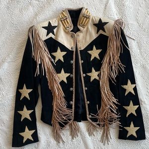 Vintage leather suede jacket REN ELLIS western boho biker beaded STARS & FRINGE